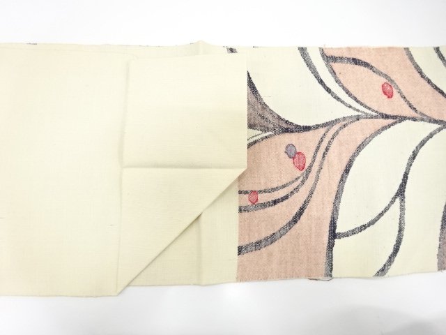  手織り真綿紬　抽象流水模様織り出し　名古屋帯